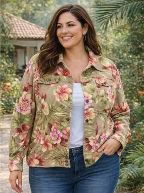 Alfred Dunner Floral Jacket Size 18 Lightweight Button Front Tropical Blazer